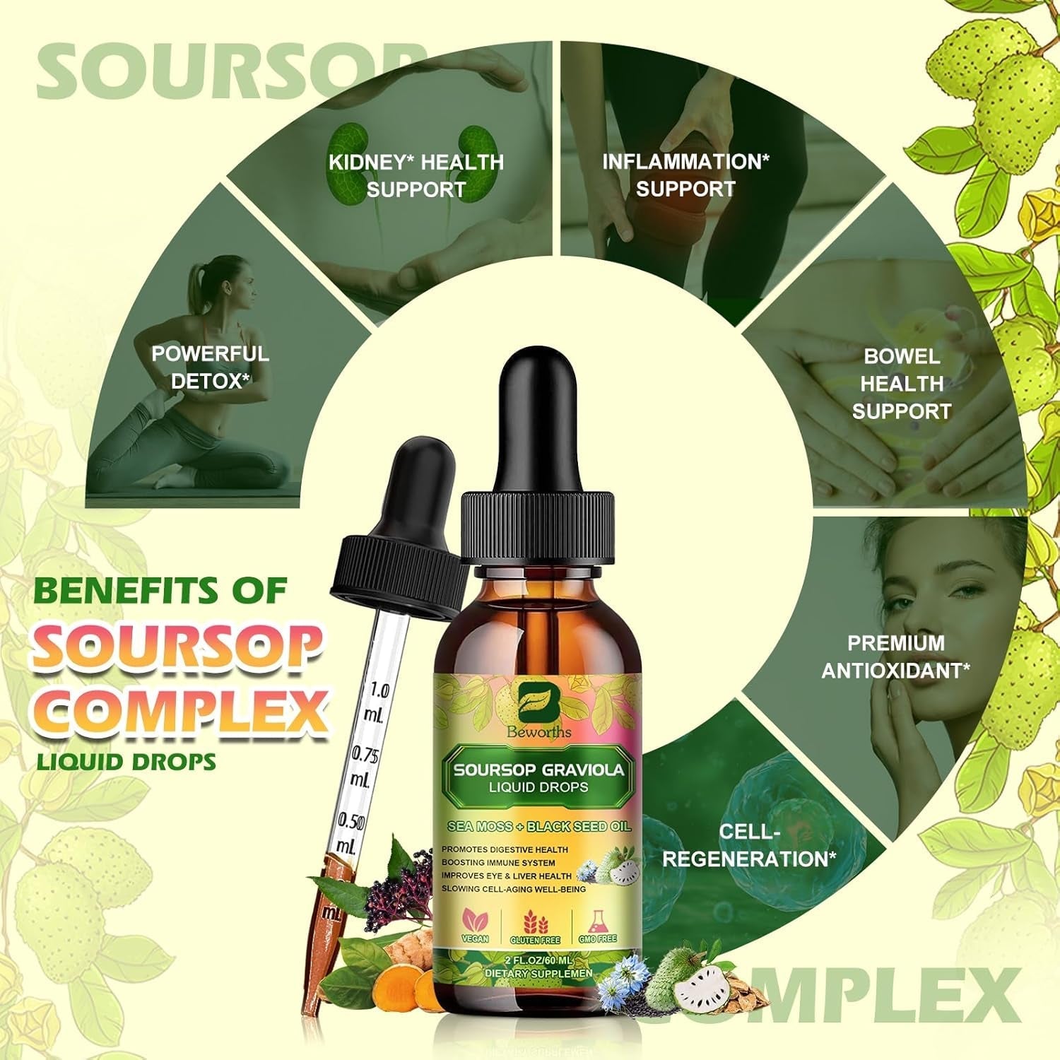 Soursop Bitters Liquid Drops with Irish Sea Moss, Black Seed Oil, Soursop Graviola Leaves Extract - Slowing Cell-Aging, Gut Cleanse, Detox & Immunity Health