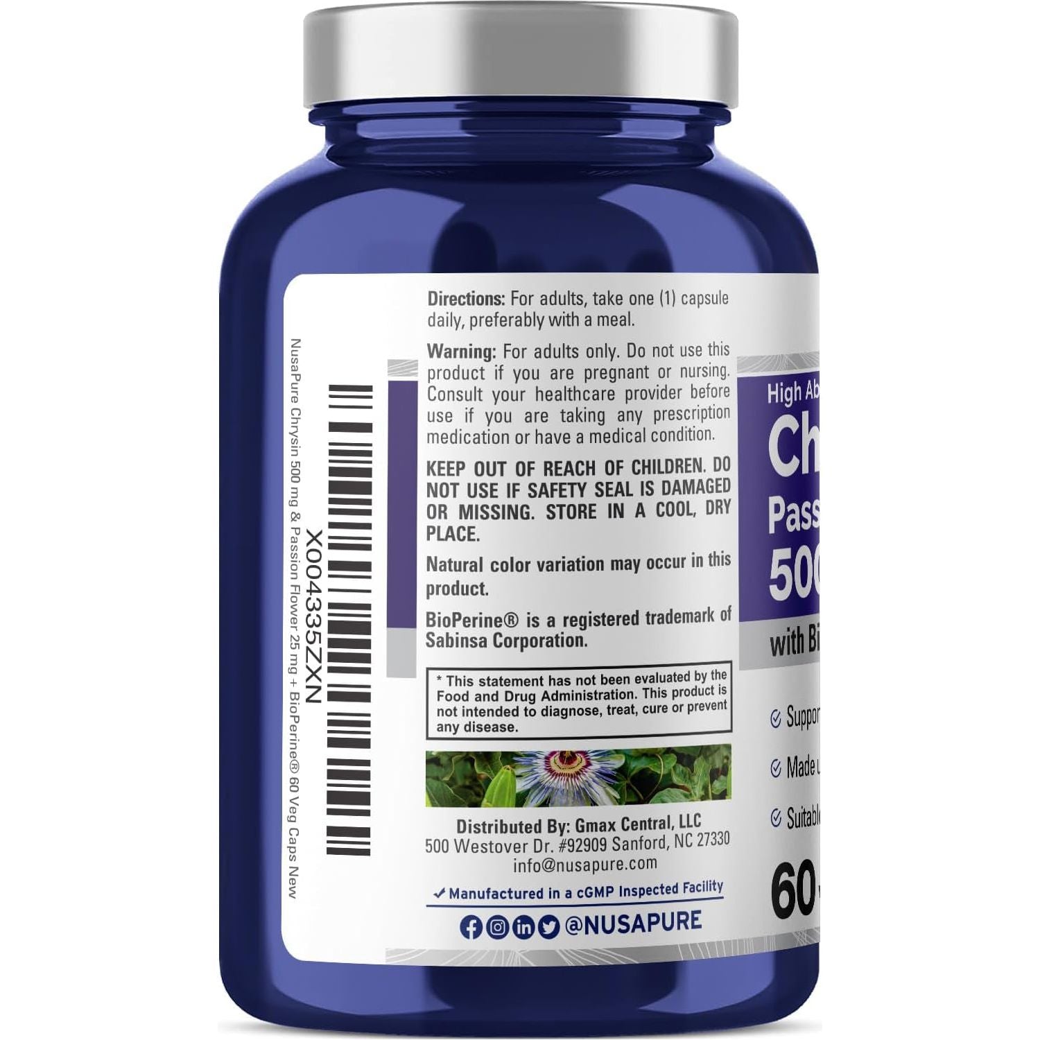 Nusapure Chrysin | Passion Flower Complex 500Mg Supplement 60 Capsules