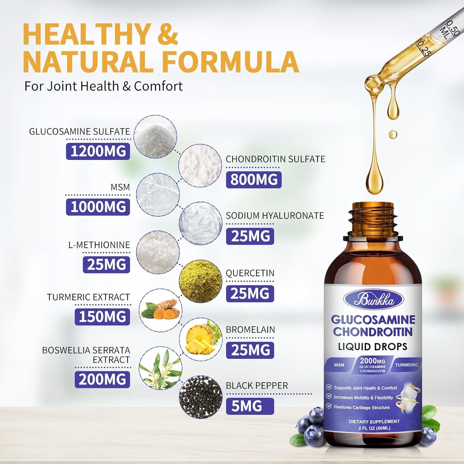 Glucosamine Chondroitin MSM Liquid Drops-W/ Turmeric Boswellia Quercetin Bromelain-Vegan, 