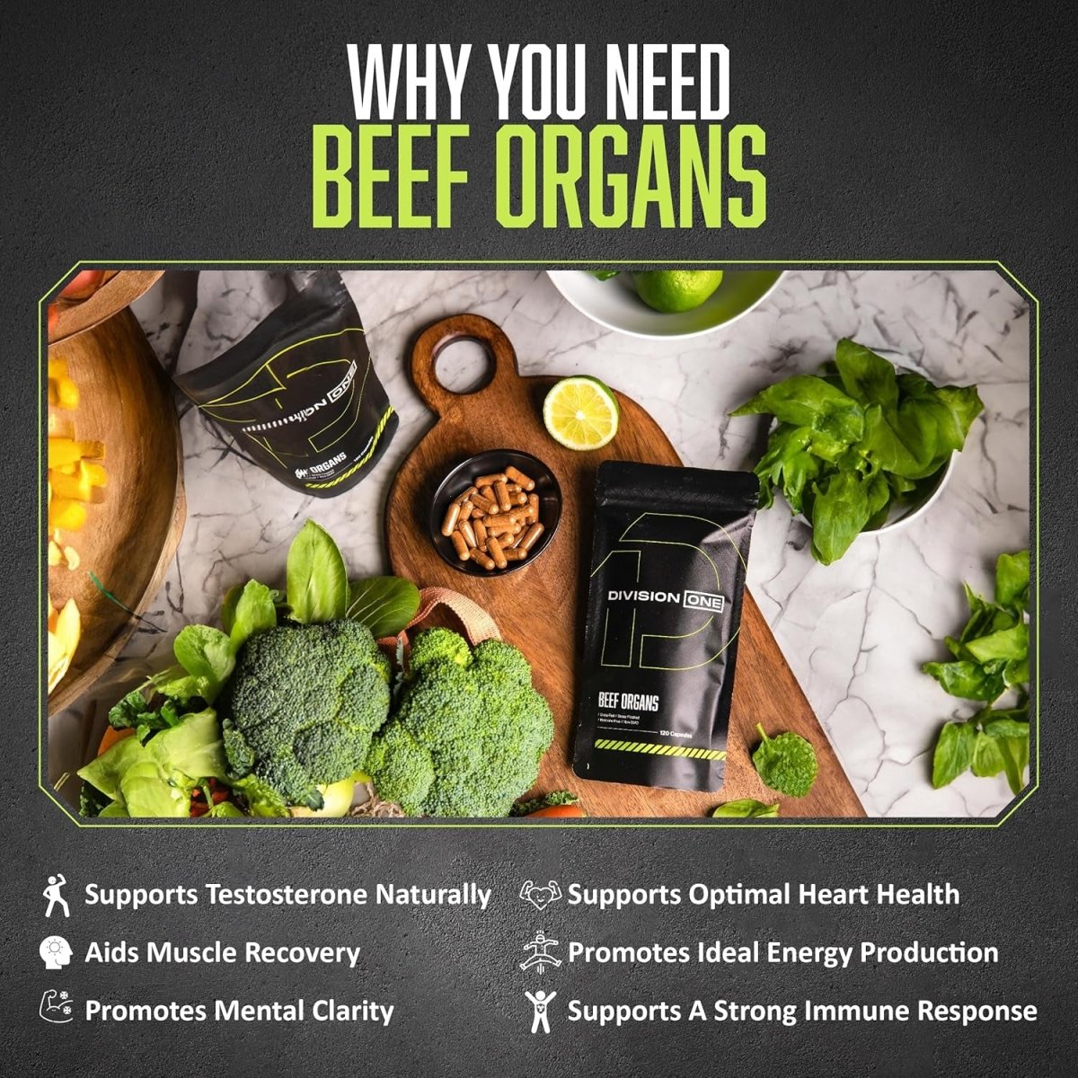 Division One Beef Organ Supplement - Primal Blend with Liver, Heart, Kidney,(120 Caps) - Suppviv