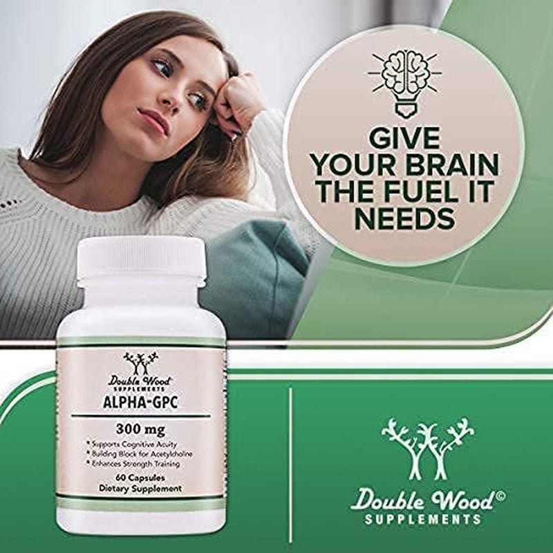 Double Wood Supplements Alpha GPC Choline Capsules - 60 Count, 600Mg Servings – Brain Support Supplement - Suppviv