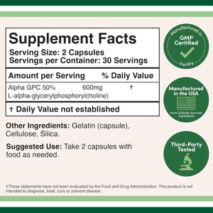 Double Wood Supplements Alpha GPC Choline Capsules - 60 Count, 600Mg Servings – Brain Support Supplement - Suppviv