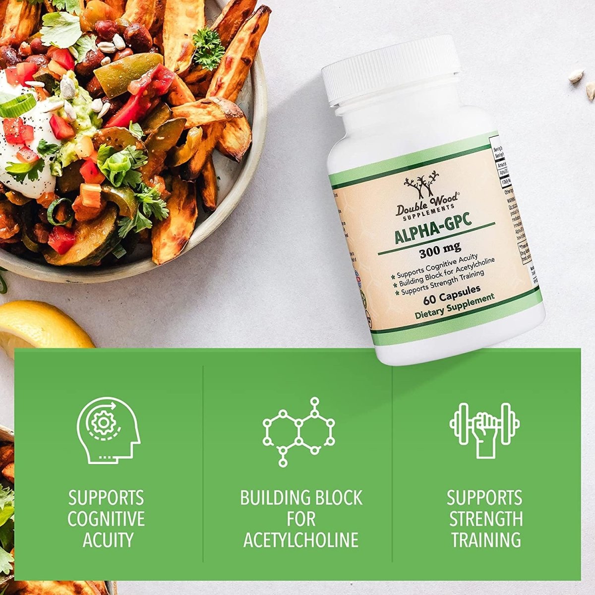 Double Wood Supplements Alpha GPC Choline Capsules - 60 Count, 600Mg Servings – Brain Support Supplement - Suppviv