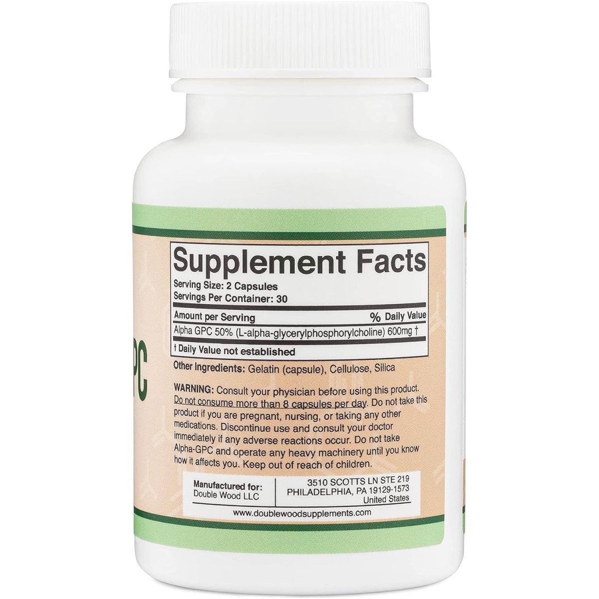 Double Wood Supplements Alpha GPC Choline Capsules - 60 Count, 600Mg Servings – Brain Support Supplement - Suppviv