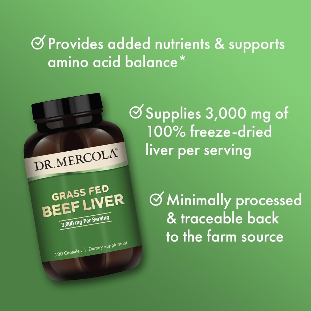 Dr. Mercola Grass Fed Beef Liver Dietary Supplement (180 Capsules), 3,000 Mg per Serving - Suppviv