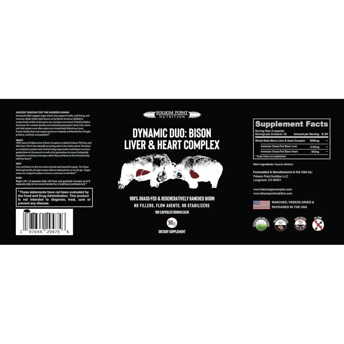 Dynamic Duo: 100% Grass - Fed Bison Liver & Heart Complex Supplement 1 PACK - Suppviv