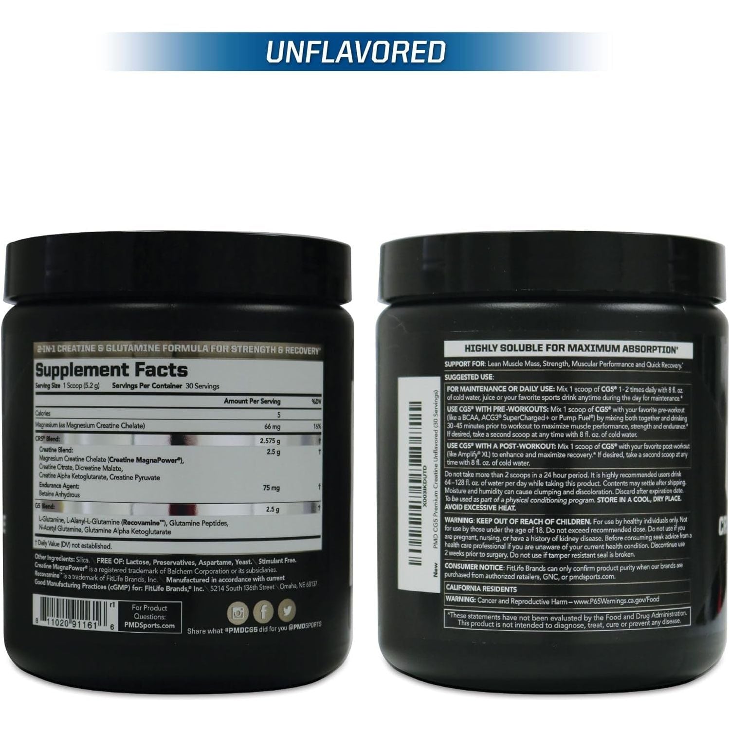 PMD Sports CG5 Premium Creatine & L Glutamine Powder, UNFLAVORED 30 Servings