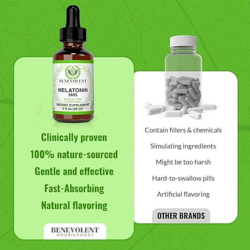 Benevolent Melatonin Liquid for Adults & Kids 3Mg 2 Month Supply