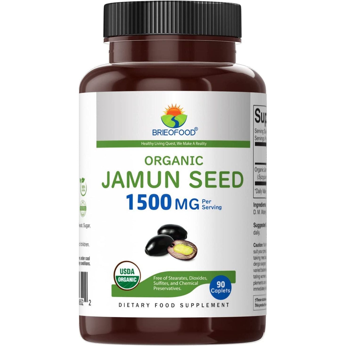 Brieofood Organic Jamun Seed 1500Mg, 45 Servings, Vegetarian, Gluten Free