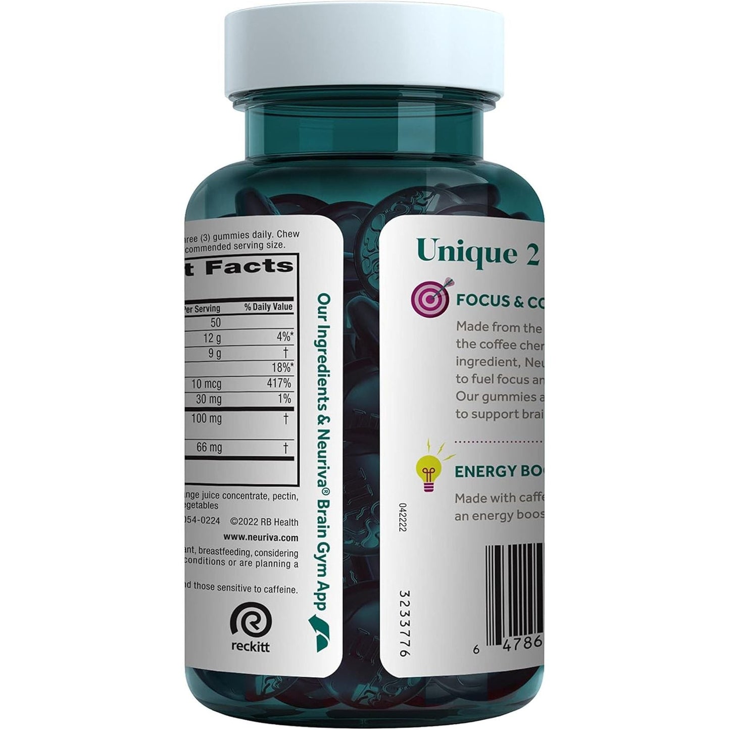 NEURIVA Brain + Energy Gummies, Nootropic Brain Supplements for Focus and Concentration 75 Count