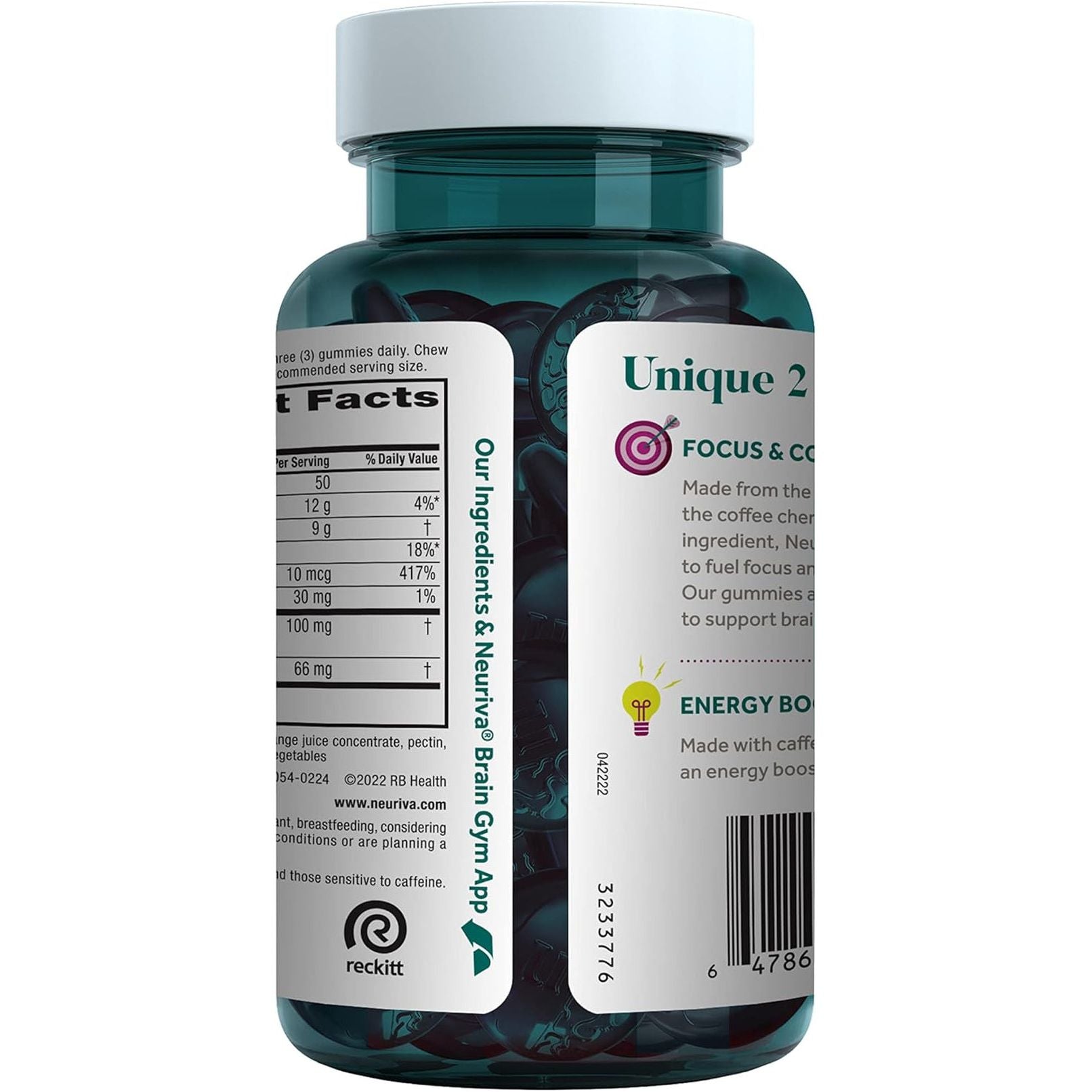 NEURIVA Brain + Energy Gummies, Nootropic Brain Supplements for Focus and Concentration 75 Count