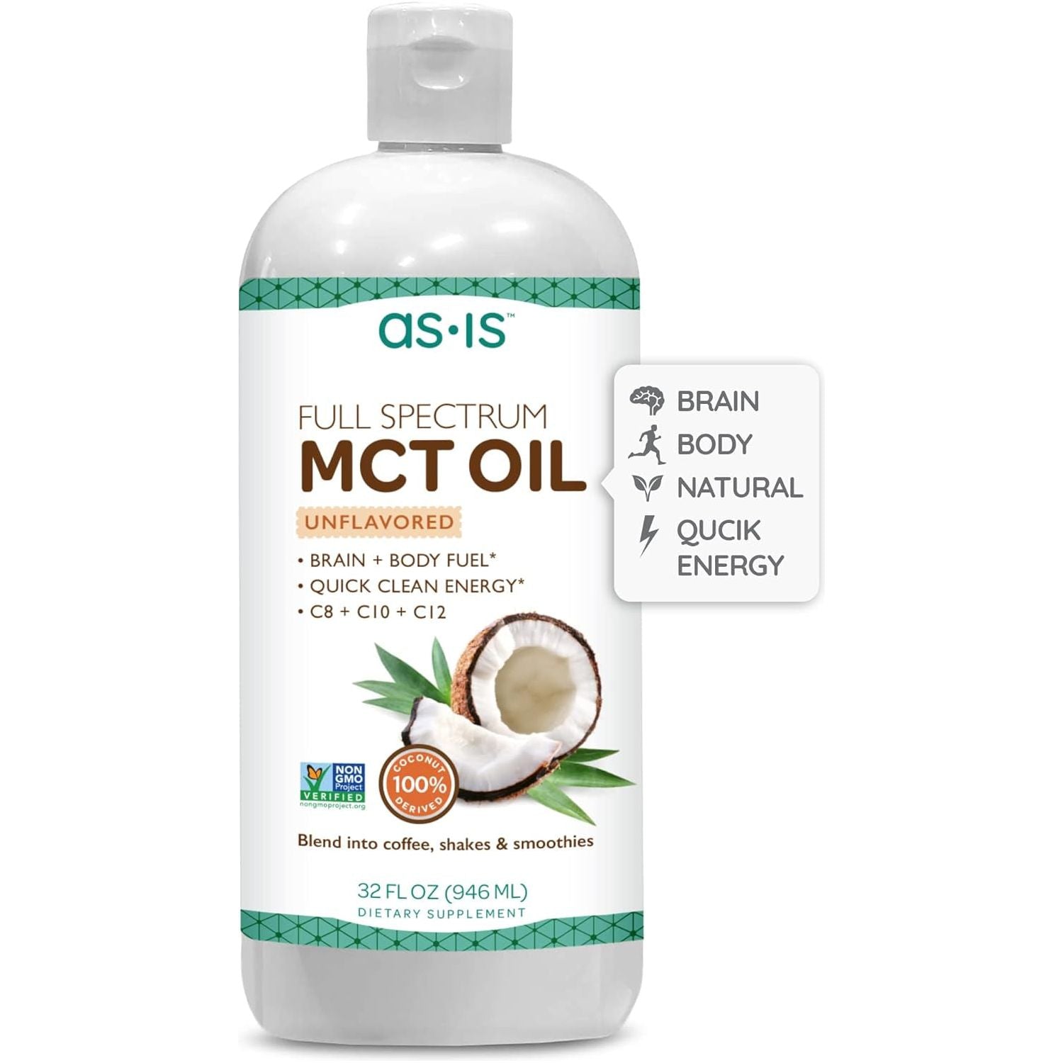 AS-IS Simply Full Spectrum MCT Oil C8, C10 & C12 | Unflavored | Perfect for Morning Coffee - 32 Fl Oz (63 Servings)
