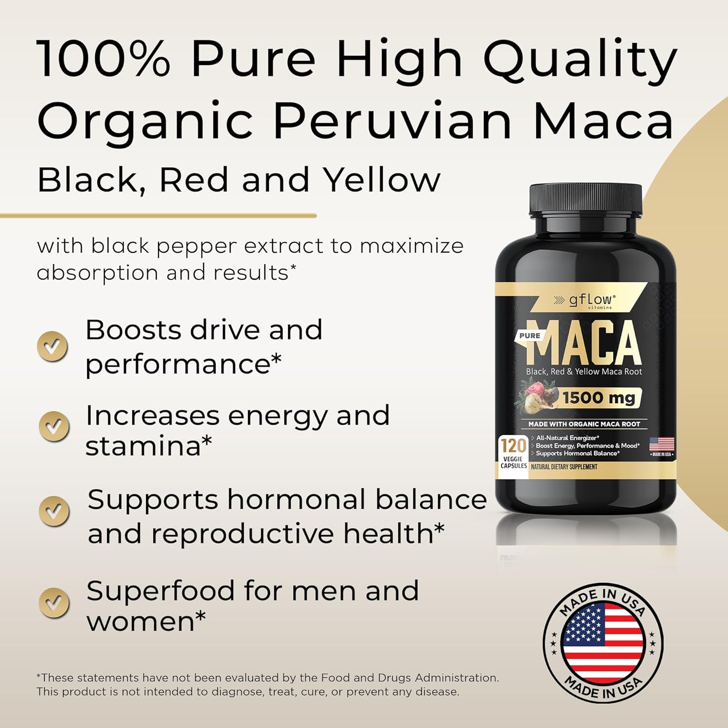 Organic Maca Root Capsules 1500Mg - Supports Energy, Performance & Mood - 120 Pills