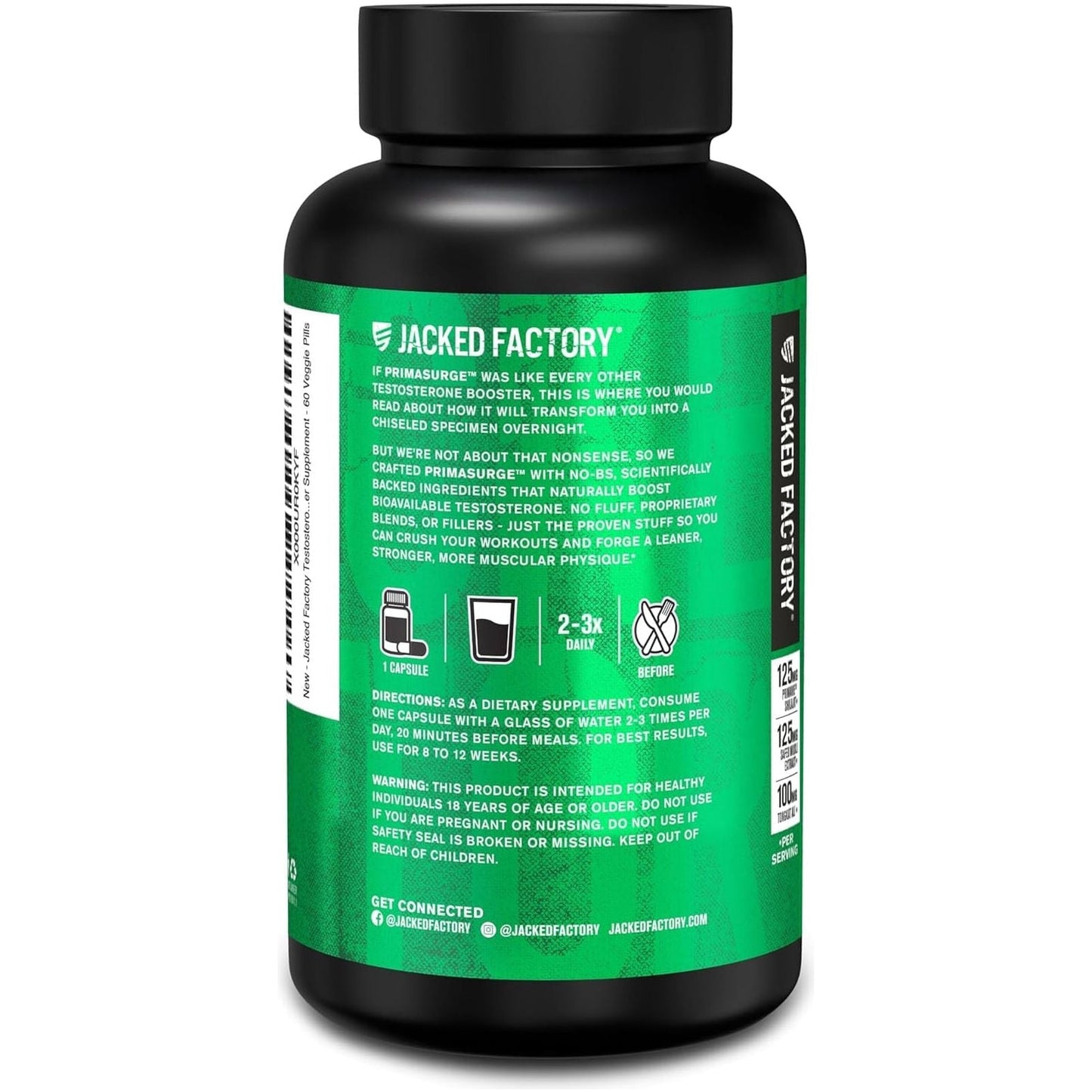 Jacked Factory Testosterone Booster for Men PRIMASURGE - W/Tongkat Ali, Primavie, Ashwagandha 60 Veggie Pills