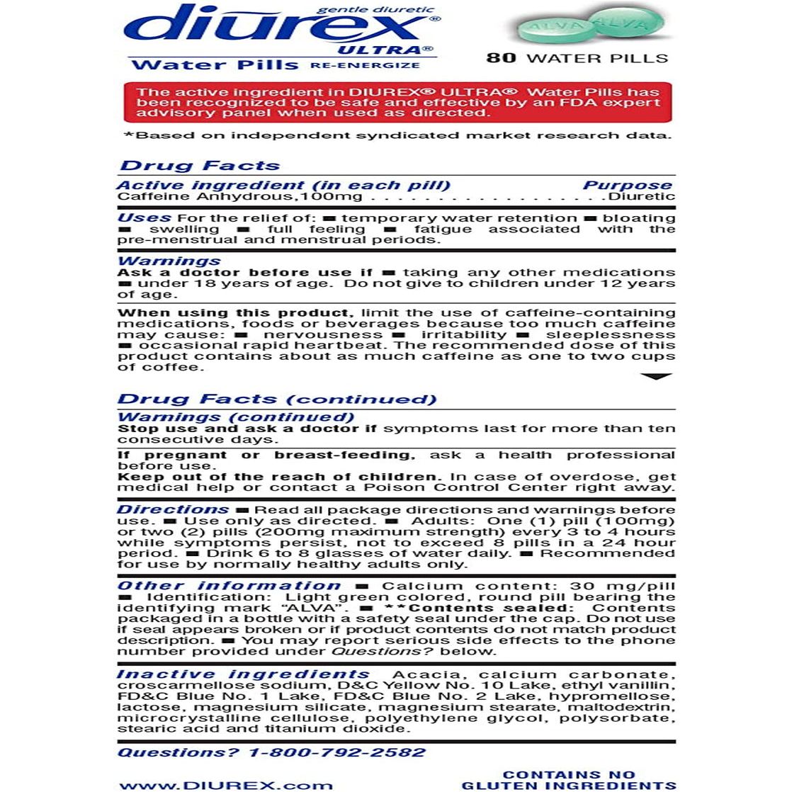 Diurex Ultra Re-Energizing Water Pills - Relieve Water Bloat - Feel Better & Less Heavy - 80 Count