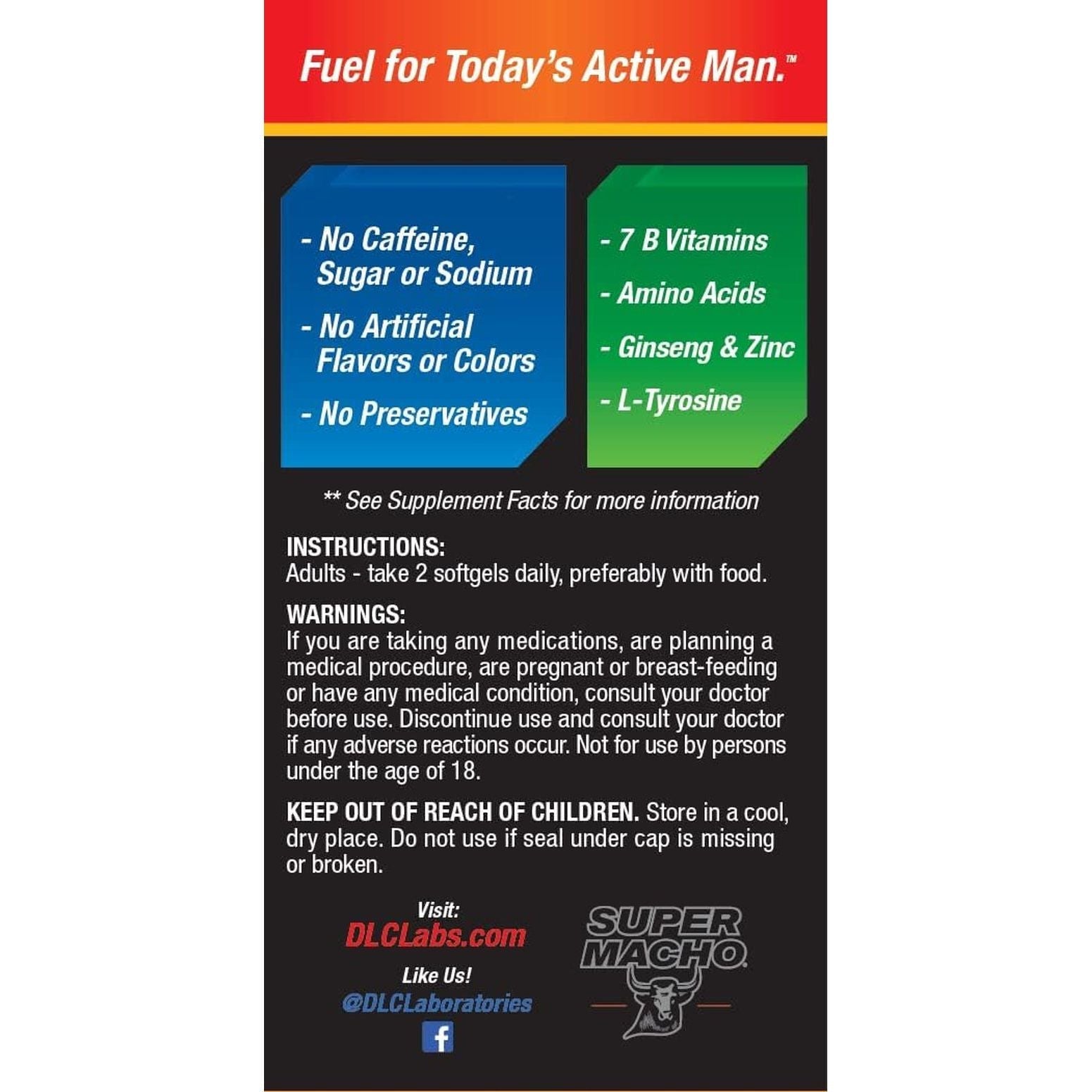 High Potency B Vitamins and Amino Acids, Fuel for Today'S Active Men, No Caffeine, No Sugar, Made in USA,50 Softgels