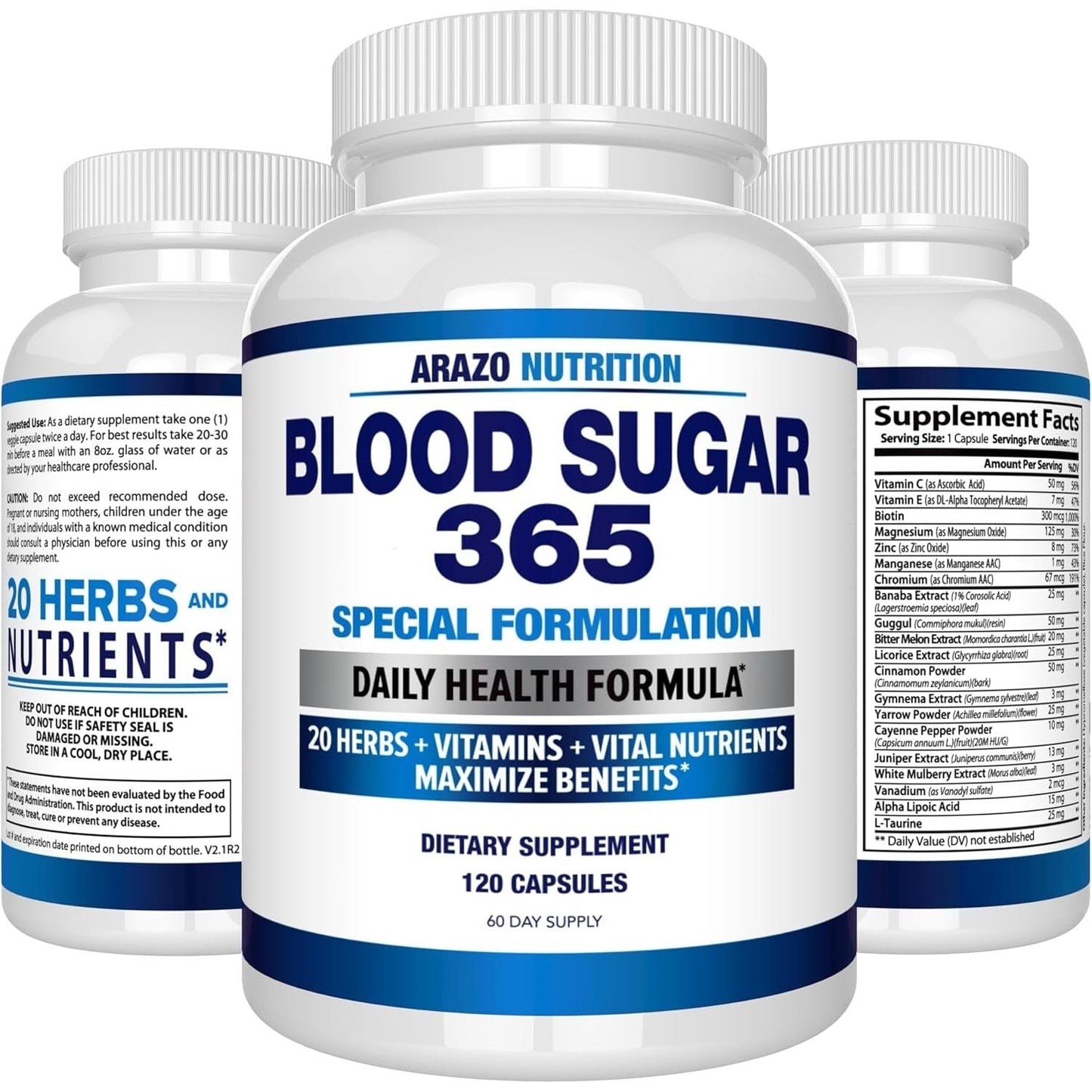 Arazo Nutrition Blood Sugar 365 Supplement – Supports Healthy Energy Levels - 120 Herbal Pills - 60 Day Supply