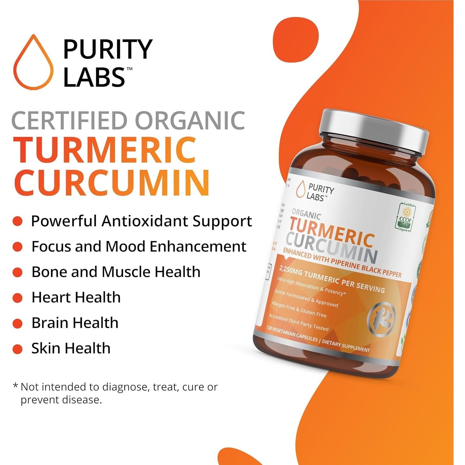 Organic Turmeric Curcumin with Black Pepper Bioperine 2,250 Mg - Antioxidant Joint Supplement, Muscle & Brain Support 120 Capsules