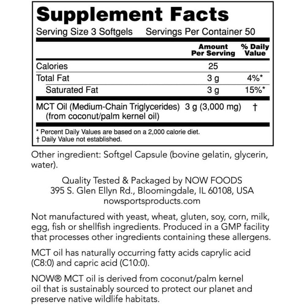 NOW Foods Sports Nutrition, MCT (Medium-Chain Triglycerides) Oil 1,000 Mg, Weight Management, 150 Softgels