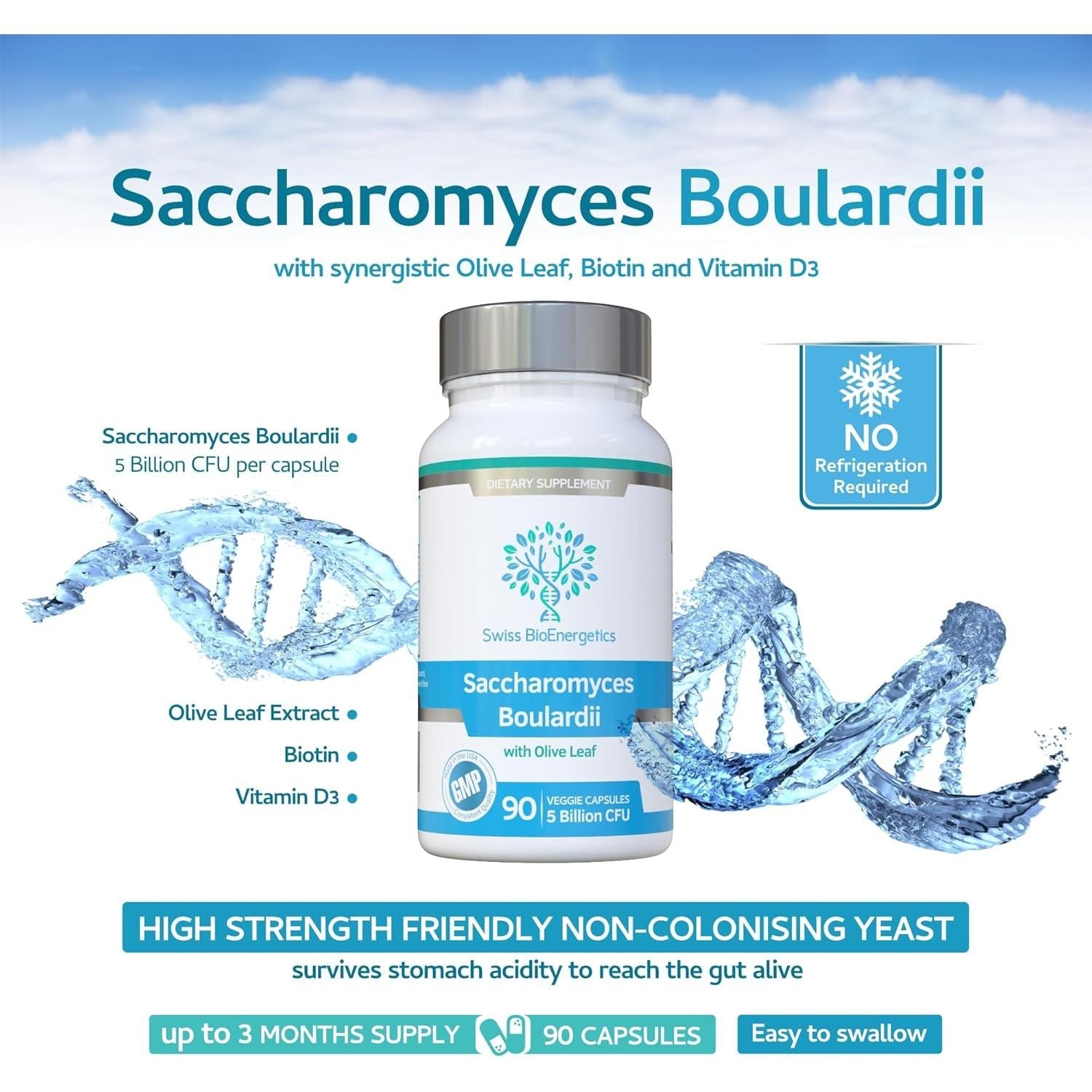 Saccharomyces Boulardii 5 Billion CFU - High Strength Non-Colonising Yeast with Synergistic Olive Leaf, Biotin and Vitamin D3 90 Capsules