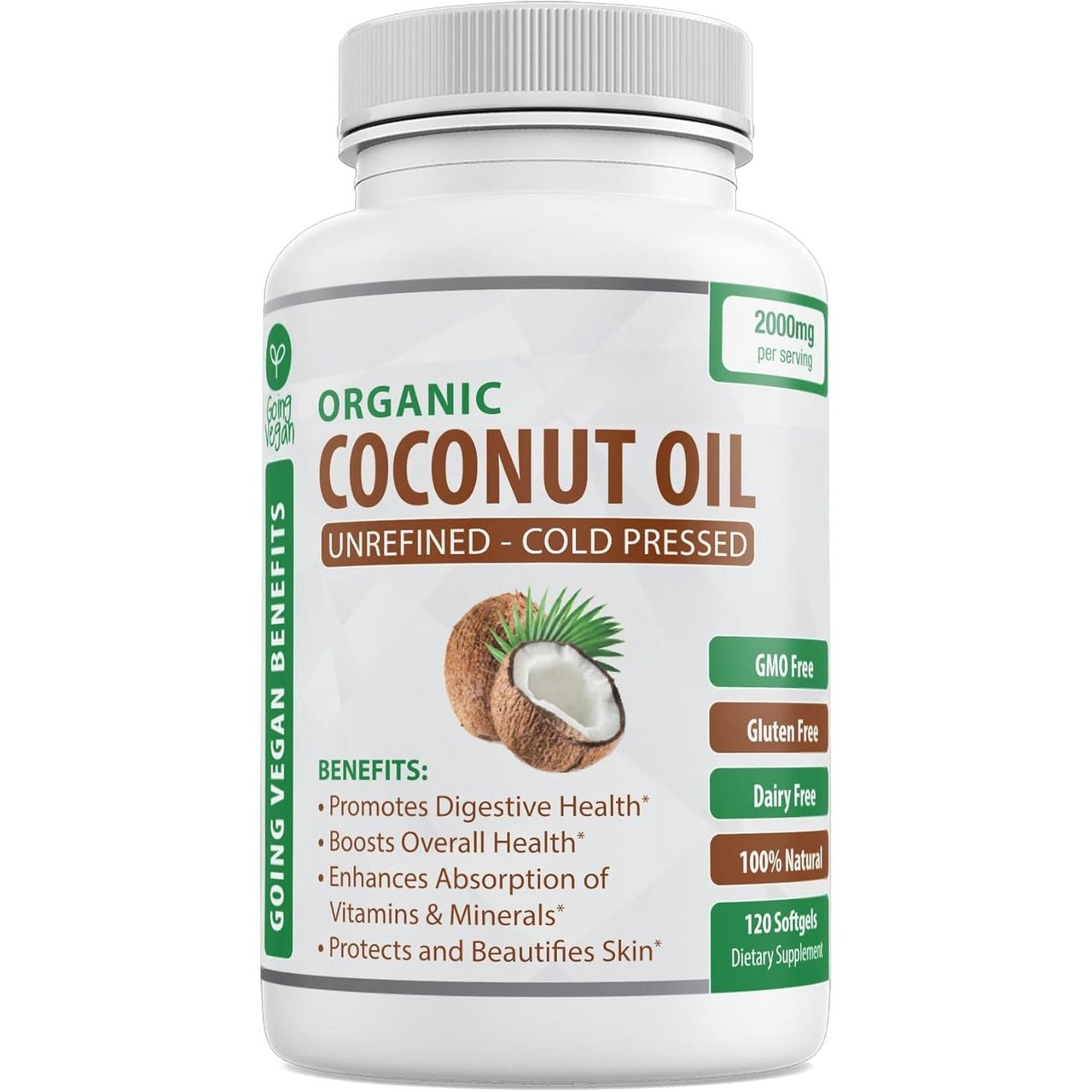 Organic Coconut Oil Capsules - Cold Pressed for Healthy Skin, Extra Hair Growth, Nail Care, Brain Booster - 120 Softgels/2000Mg 