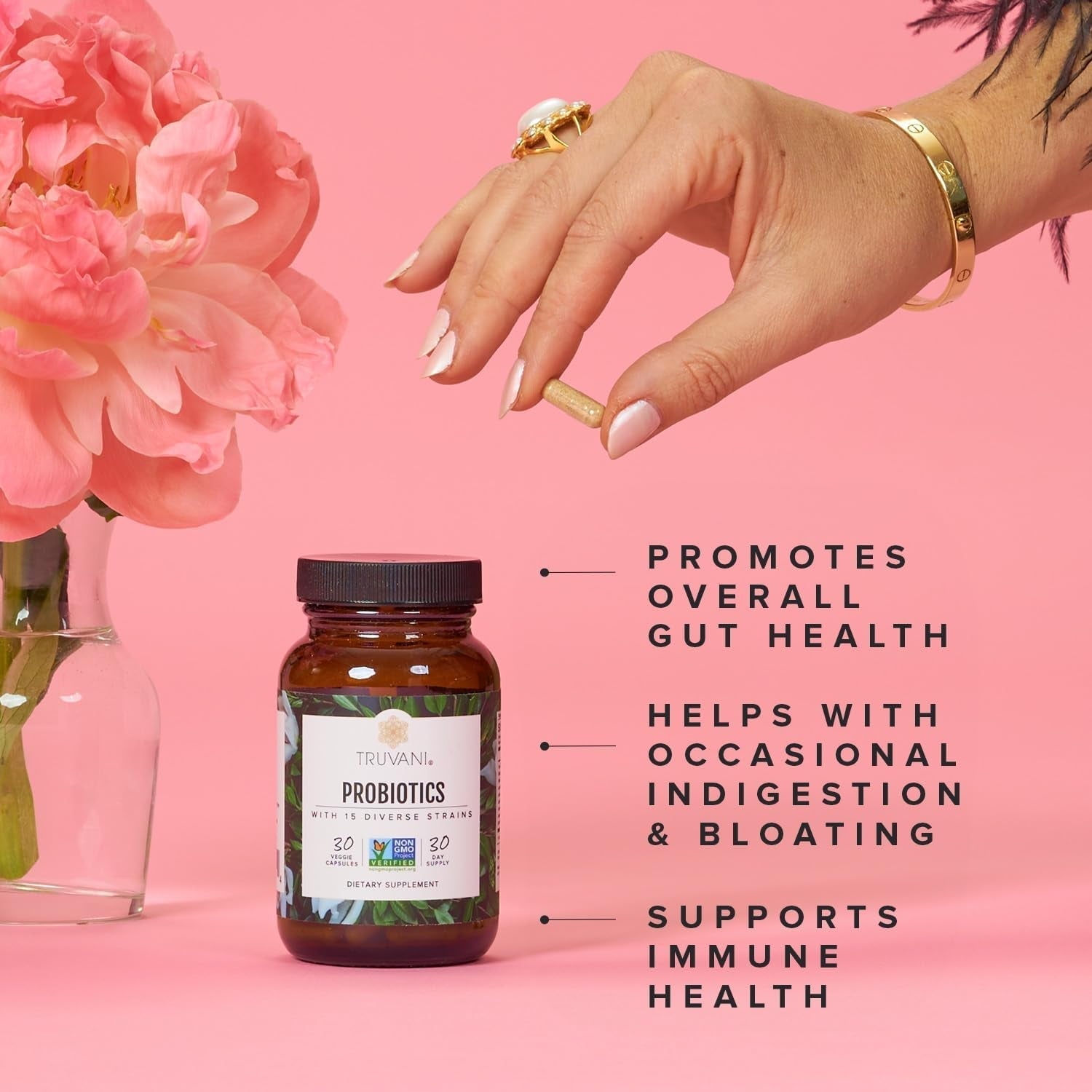 Truvani Probiotic | 15 Billion CFU | 15 Diverse Strains for Digestive, Immune & Brain Health Support 30 Servings