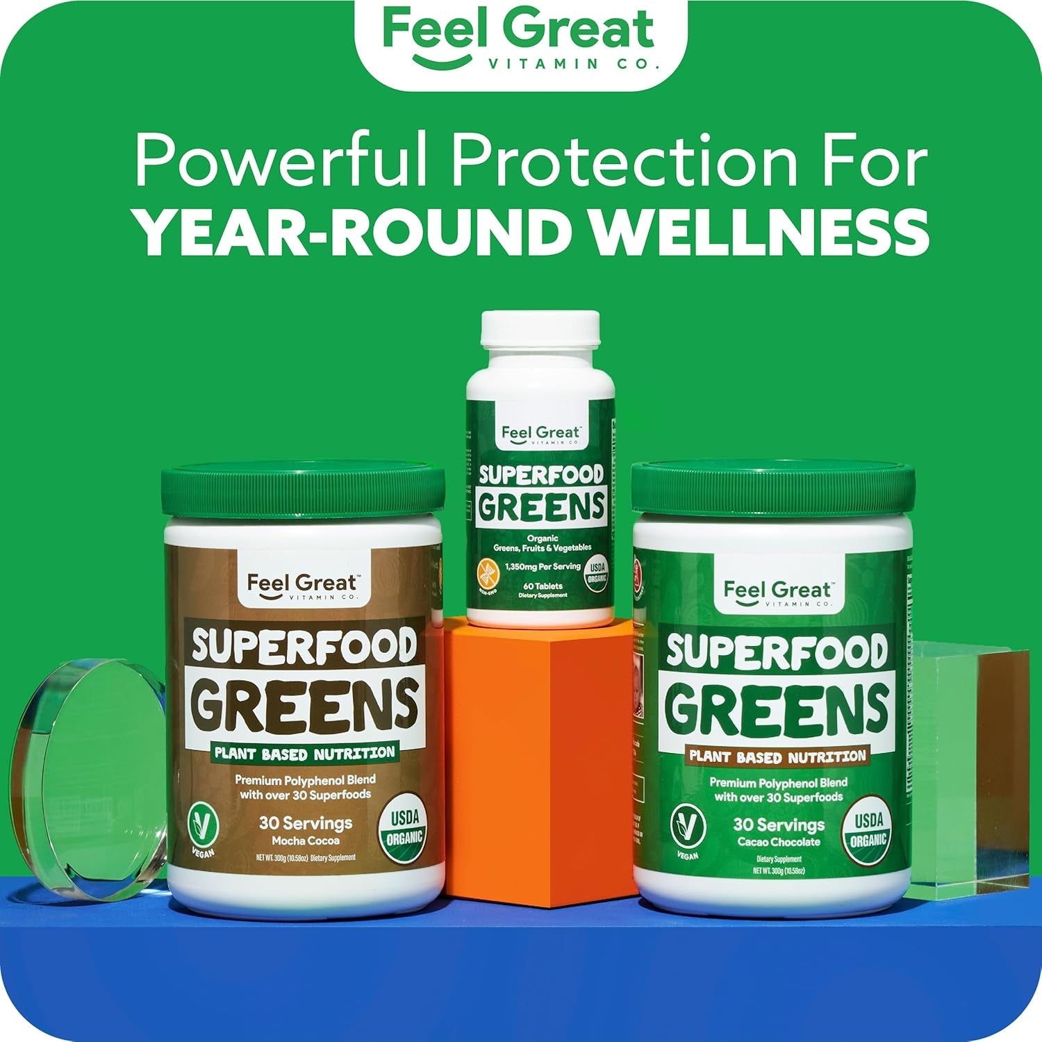 Feel Great Vitamins Super Greens Tablets with Kale, Spinach Extract, Green Onion, and More, 60 Tablets