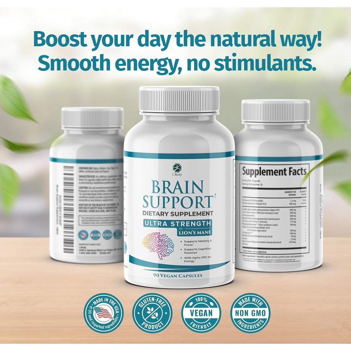 1 Body Brain Supplement Capsules with Lions Mane for Memory and Focus