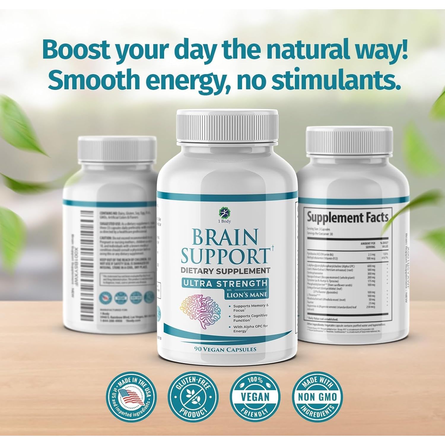 1 Body Brain Supplement Capsules with Lions Mane for Memory and Focus