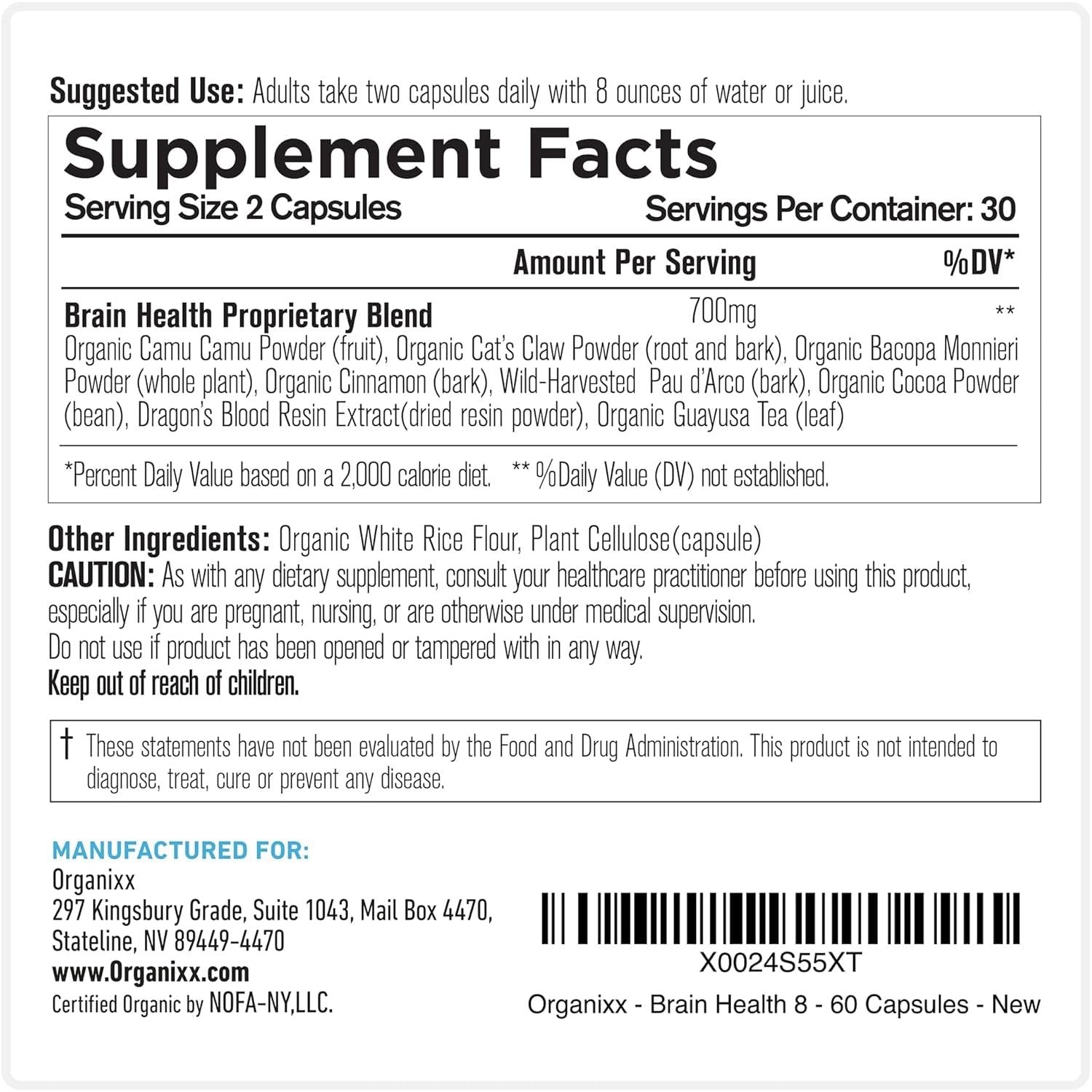 Organixx Powerful Brain Supplement to Support Brain Function, Clarity, Memory, Focus 60 Capsules