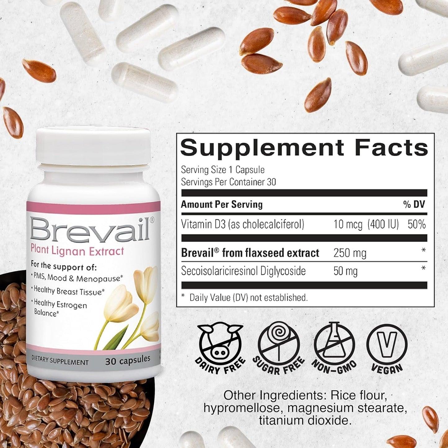 Brevail Plant Lignan Extract Capsules, Proactive Breast Health Supplement for Healthy Estrogen Balance and PMS Mood Support Pills, 30 Count