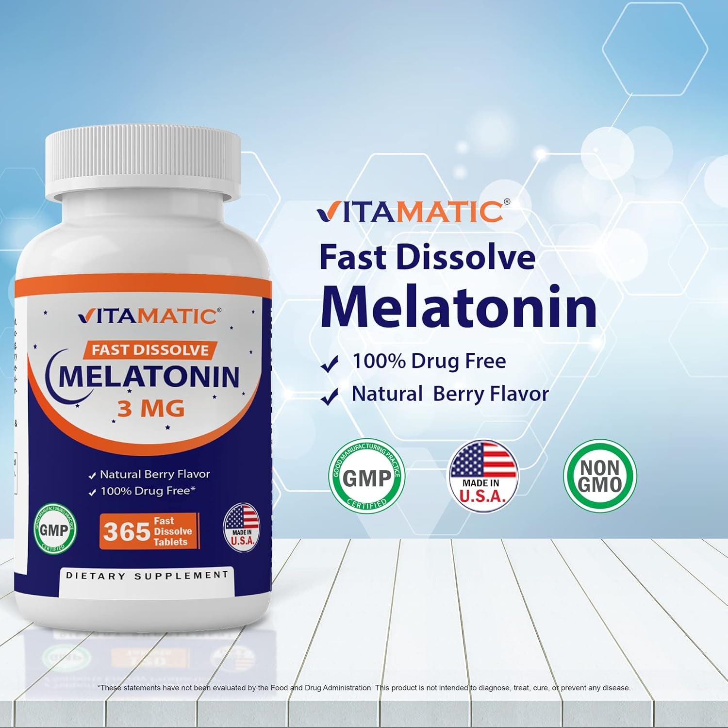 Vitamatic Melatonin 3Mg Tablets 1 Year Supply - Natural Berry Flavor - 365 Tablets