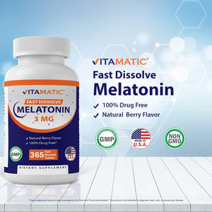 Vitamatic Melatonin 3Mg Tablets 1 Year Supply - Natural Berry Flavor - 365 Tablets