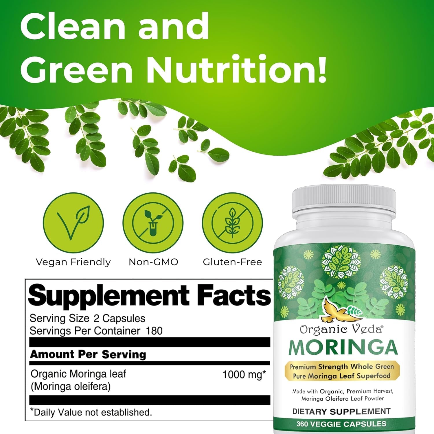 Organic Veda Moringa Leaf Powder Capsules, 1000Mg - Energy, Sleep & Immunity Support 360 Count