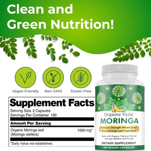 Organic Veda Moringa Leaf Powder Capsules, 1000Mg - Energy, Sleep & Immunity Support 360 Count