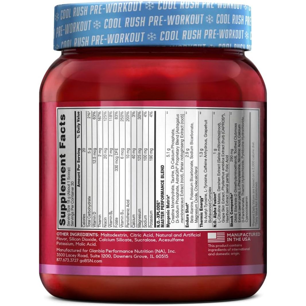 BSN N.O.-XPLODE Cool Rush Pre Workout Powder with Creatine and Beta-Alanine, Bubblegum Blast, 30 Servings