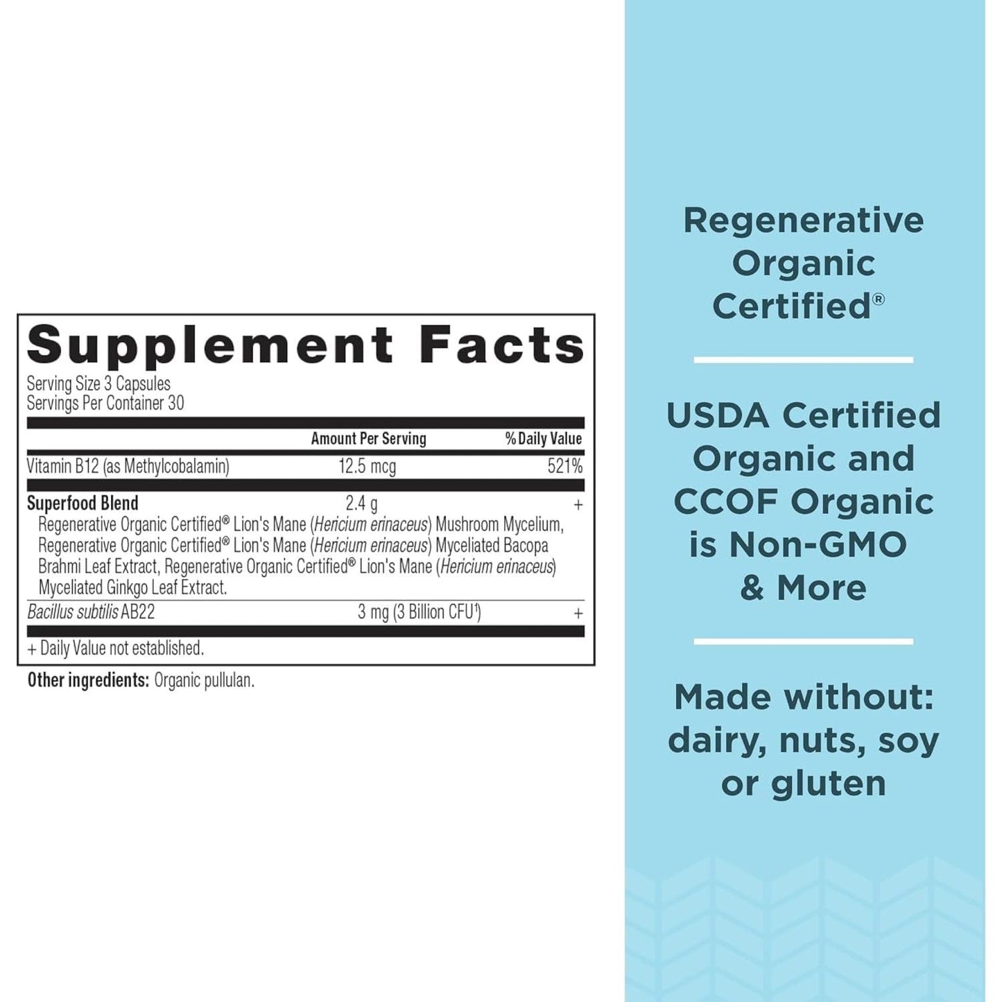 Ancient Nutrition Regenerative Organic Certified Focused Brain Capsules, 90 Count