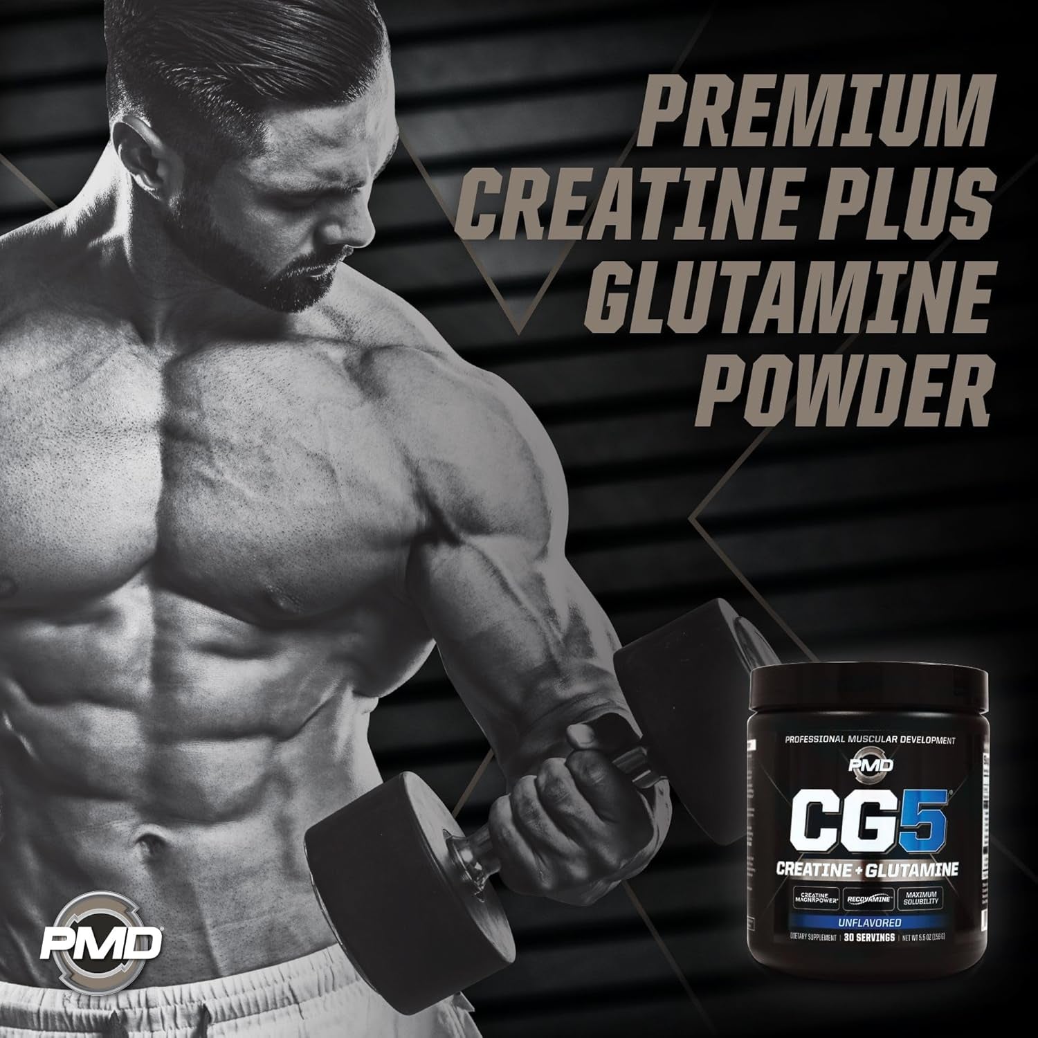 PMD Sports CG5 Premium Creatine & L Glutamine Powder, UNFLAVORED 30 Servings