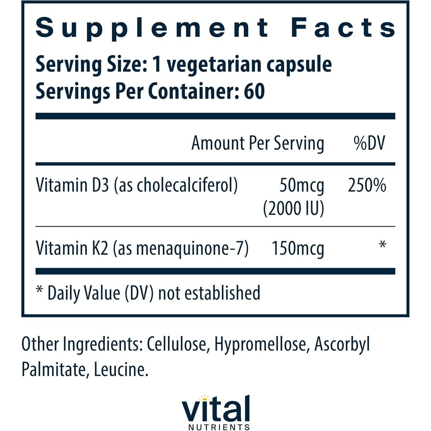 Vital Nutrients Vitamin D3 + K2 | 2000 IU  for Muscle & Bone Health 60 Capsules