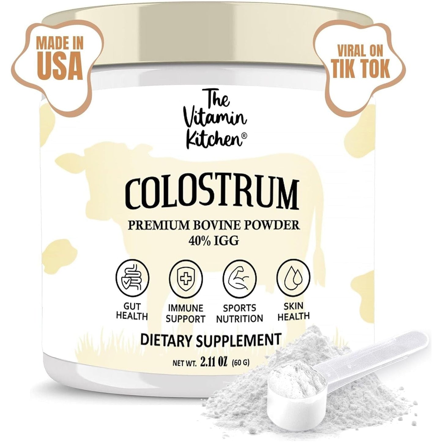 Bovine Colostrum Powder Supplement (40% Igg + No Fillers) for Gut & Digestive Health, Muscle Recovery & Growth (60 Servings)