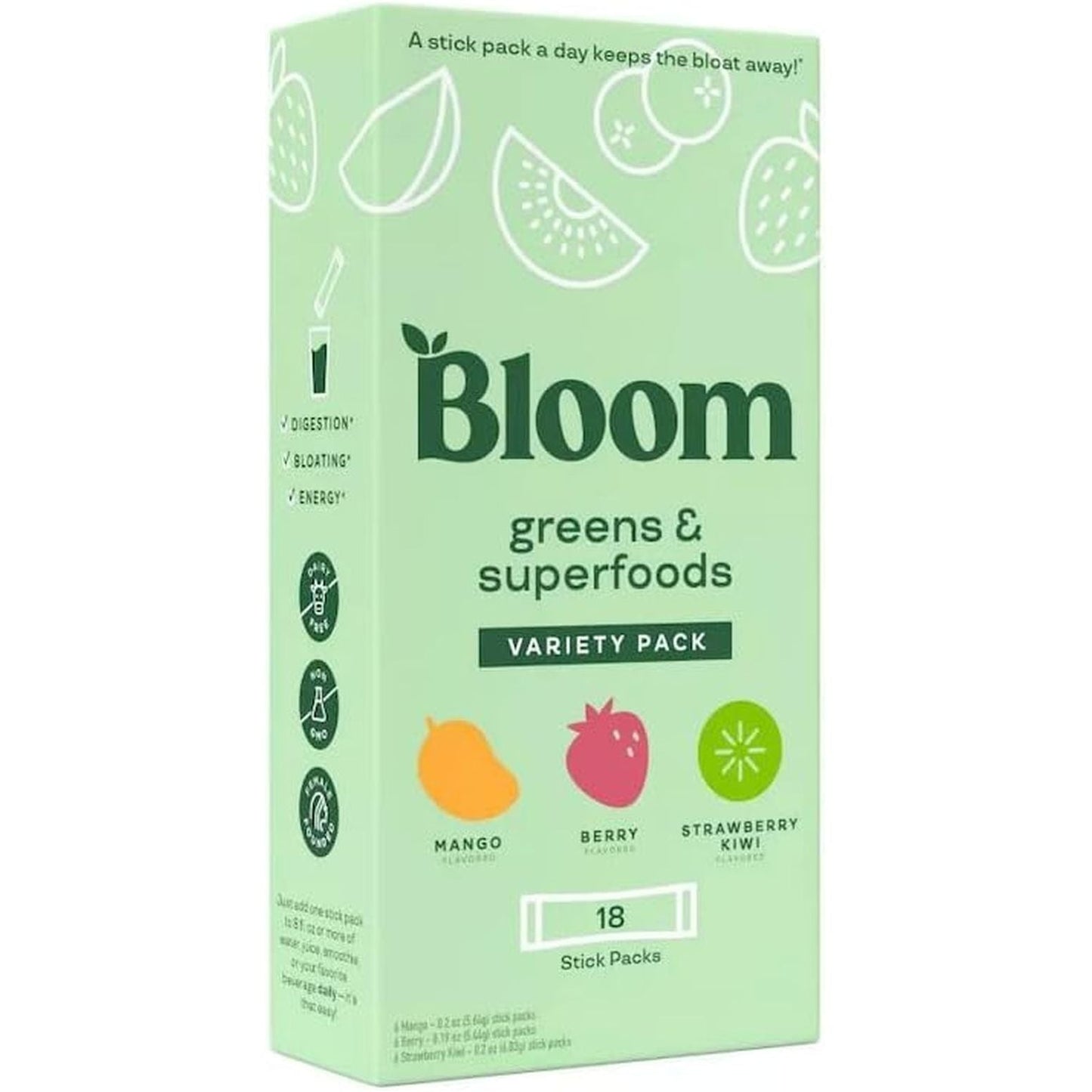 Bloom Greens and Superfoods Powder - Probiotics for Digestive Health & Bloating Relief for Women (18 Packets) 