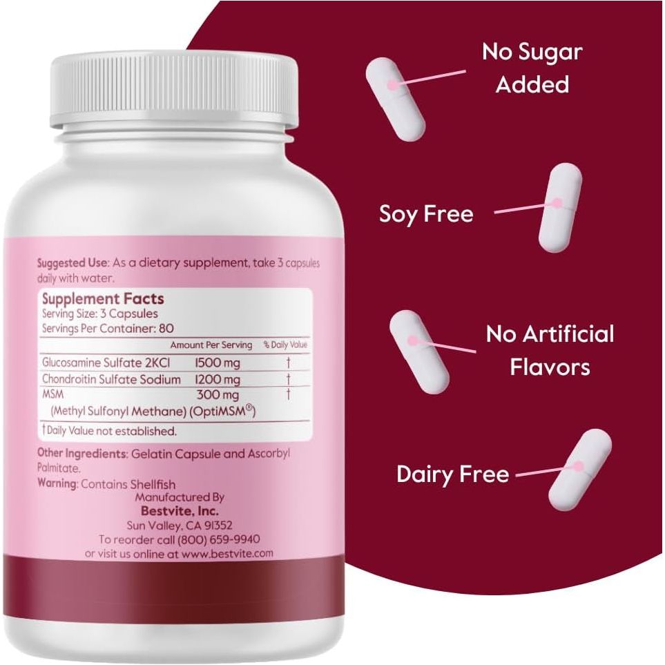 BESTVITE Glucosamine Chondroitin MSM 500/400/100 per Capsule (240 Capsules) with Patented Optimsm