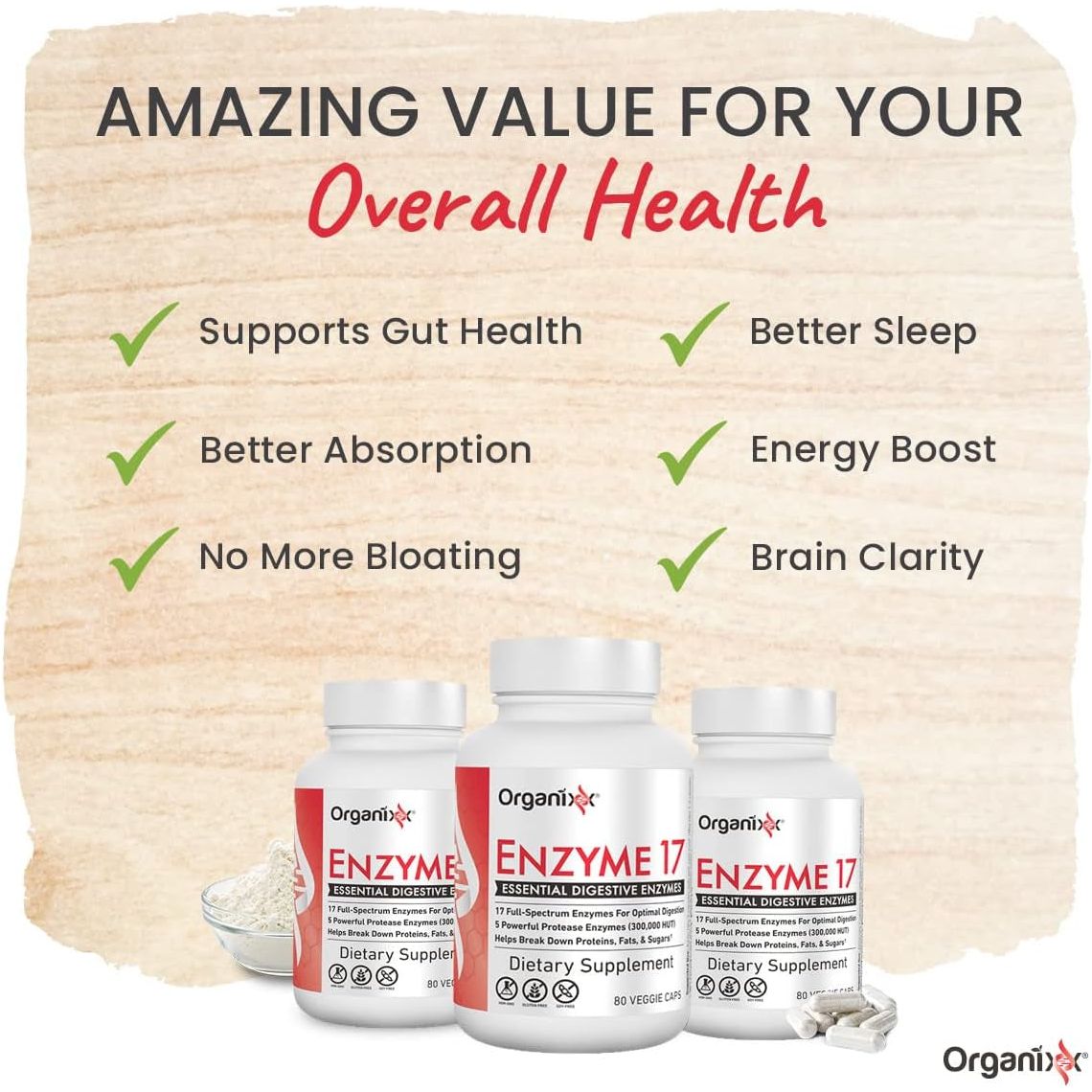 Organixx Enzyme 17 Essential Digestive Enzymes for Gut Health & Optimal Digestive Health, 80 Veggie Capsules