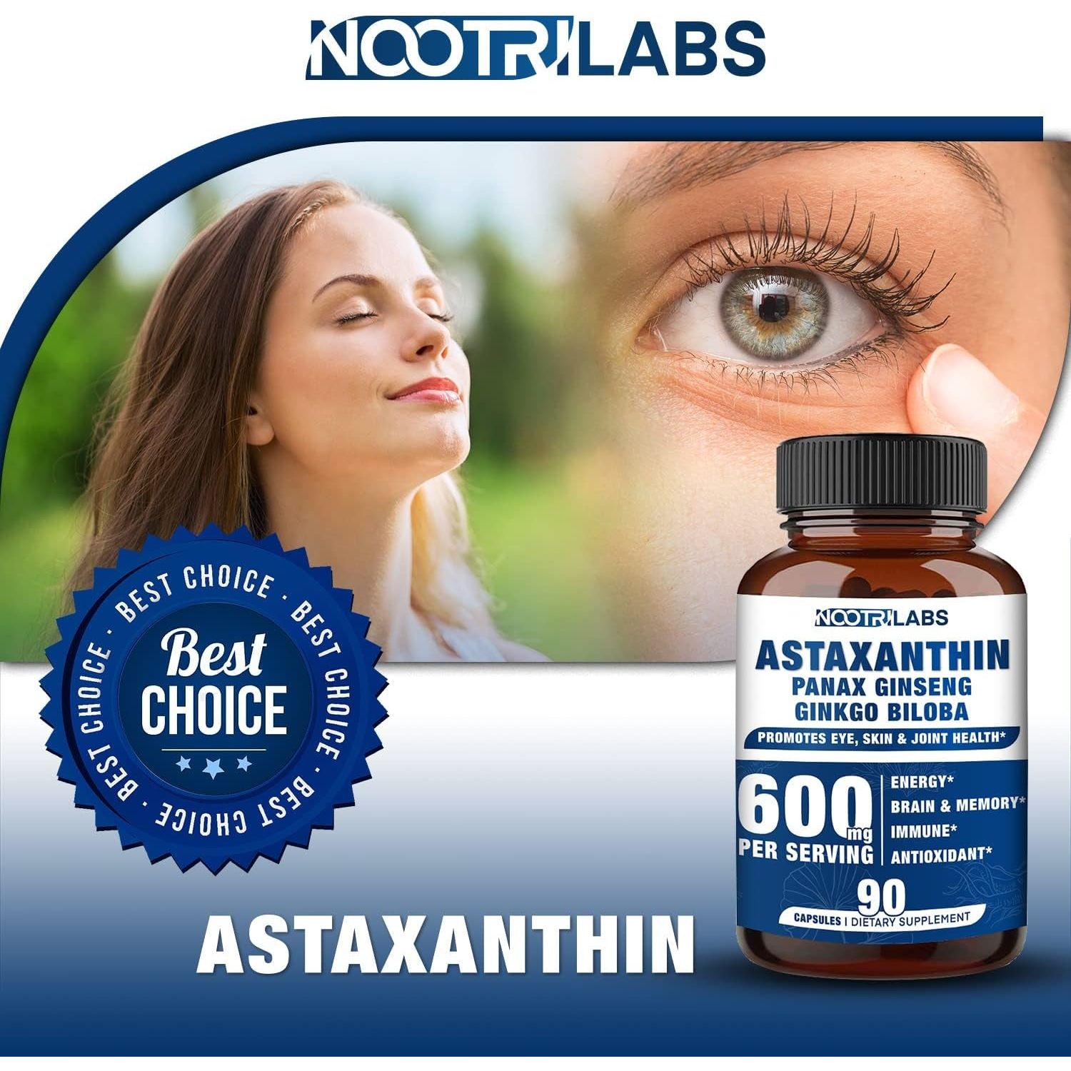 Astaxanthin 15Mg + Panax Ginseng, Ginkgo Biloba Supplements, 90 Vegan Capsules