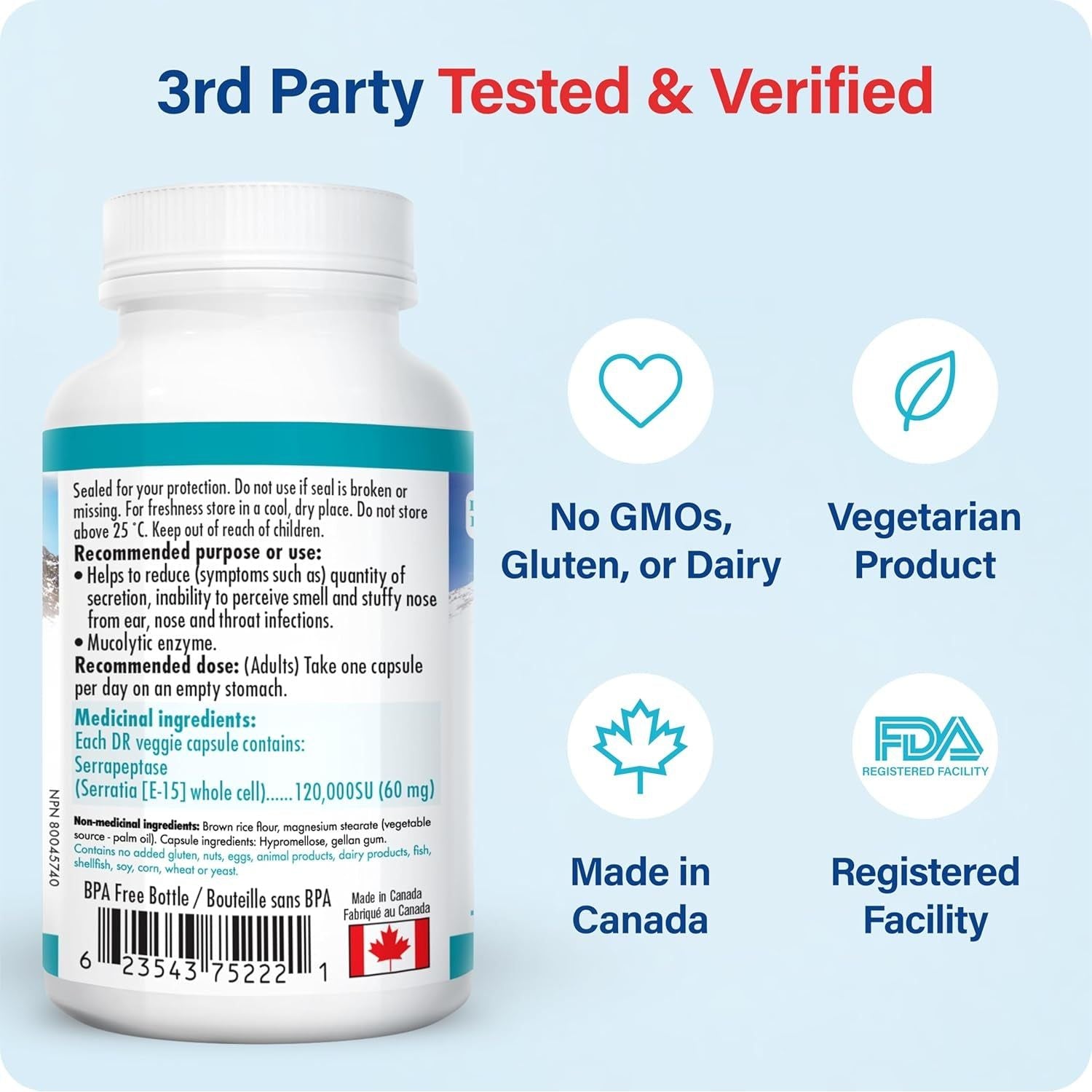 Bioabsorb Serrapeptase Supplement 120000 SPU, High Potency, Delayed Release