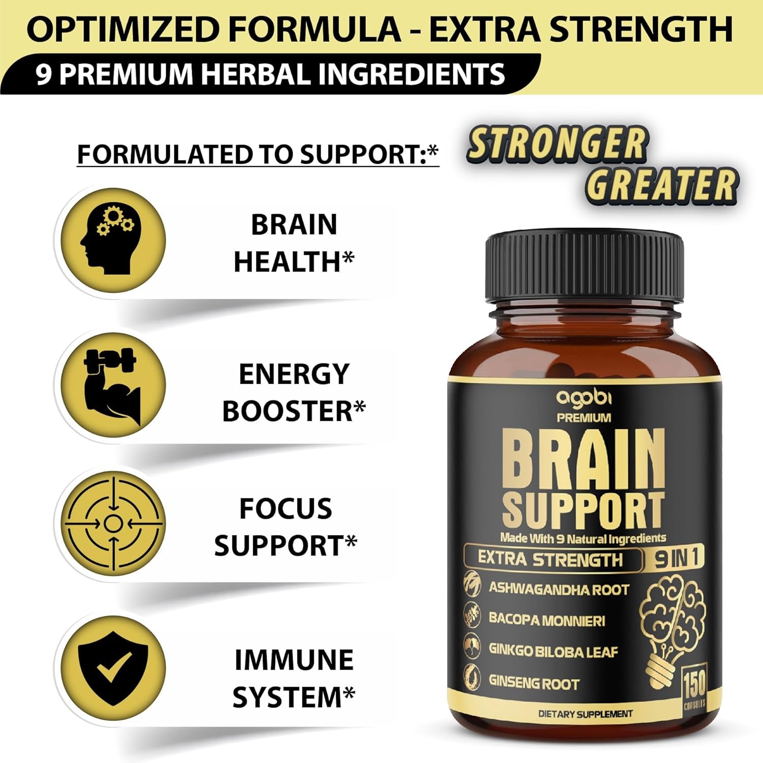 Agobi 9In1 Brain Support Supplement - Accuracy, Focus, Memory & Energy Booster - 150 Capsules