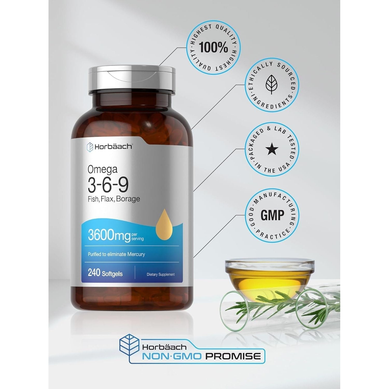 Horbäach Triple Omega 3-6-9 240 Softgels | from Fish, Flaxseed, Borage Oils