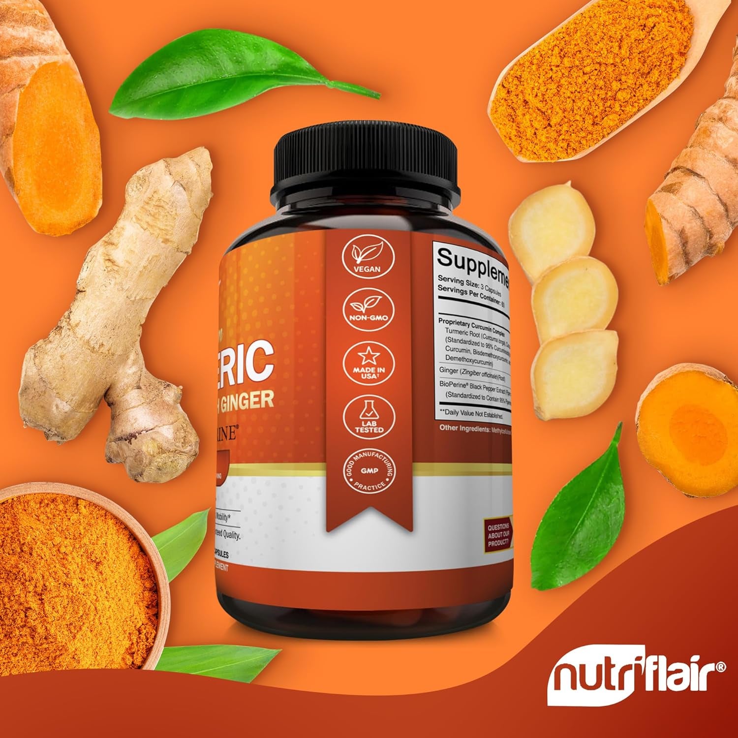 Nutriflair Turmeric Curcumin with Ginger and Bioperine Black Pepper Supplements, 180 Capsules