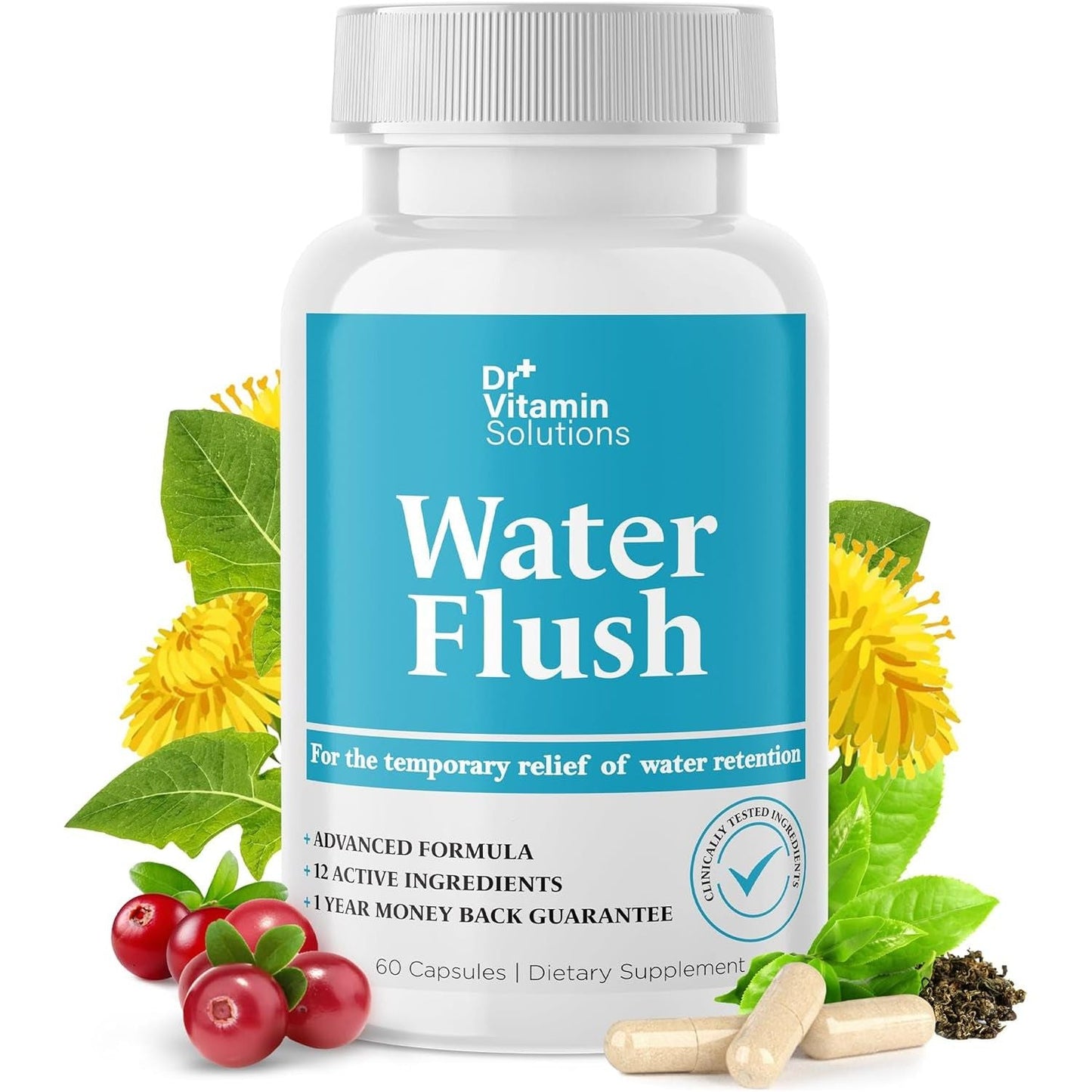 Diuretic Water Pills for Weight Control, 12 Active Ingredients, Instant Relief from Bloat & Swelling - 60 Caps