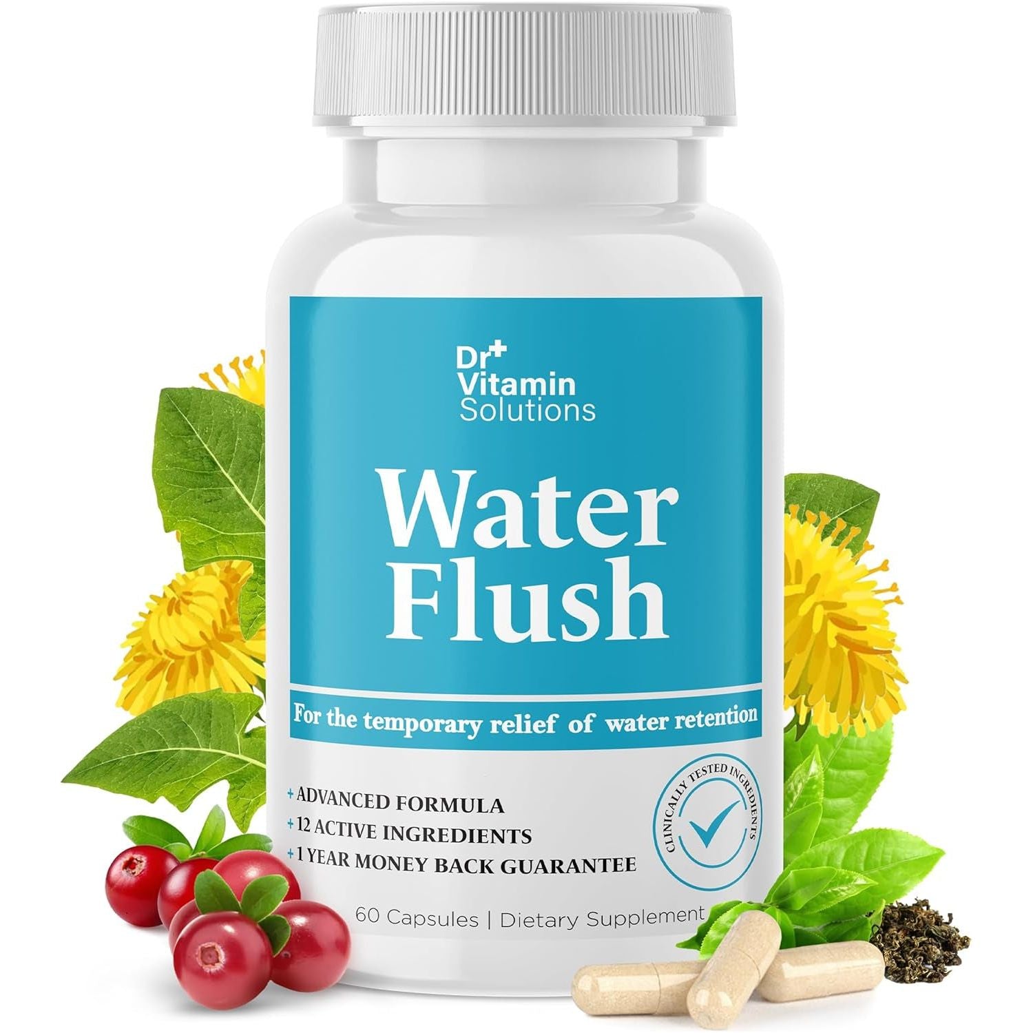Diuretic Water Pills for Weight Control, 12 Active Ingredients, Instant Relief from Bloat & Swelling - 60 Caps